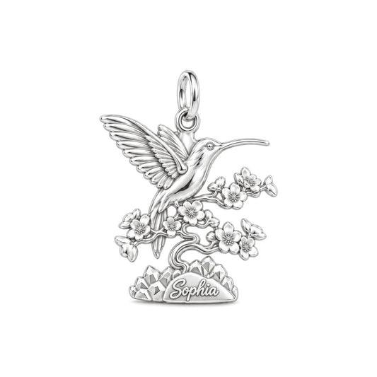 Hummingbird and Cherry Blossom Charm Bracelet – Personalized Mom Gift – silver charm, front view