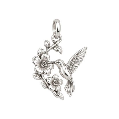 Hummingbird and Cherry Blossom Charm Bracelet – Personalized Mom Gift – silver charm, front view
