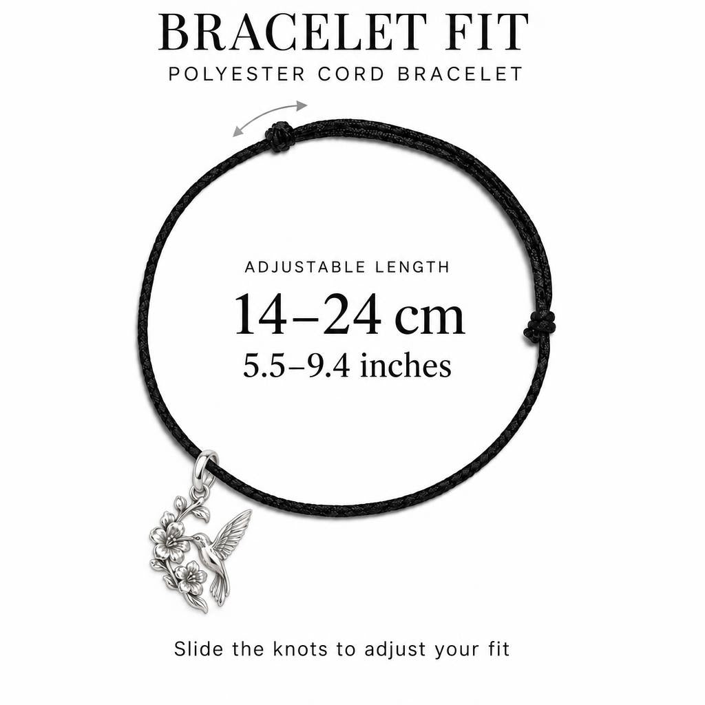 Hummingbird and Cherry Blossom Charm Bracelet – Personalized Mom Gift – adjustable black cord bracelet, 14–24 cm