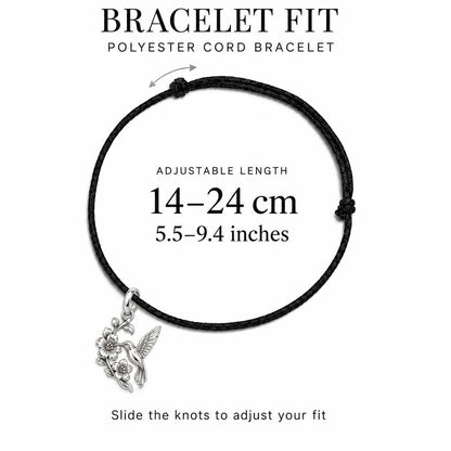 Hummingbird and Cherry Blossom Charm Bracelet – Personalized Mom Gift – adjustable black cord bracelet, 14–24 cm
