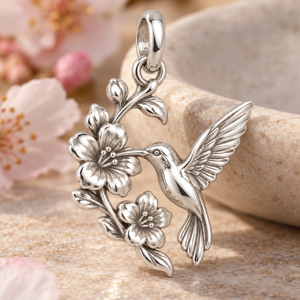 Hummingbird and Cherry Blossom Charm Bracelet – Personalized Mom Gift – macro detail of the charm