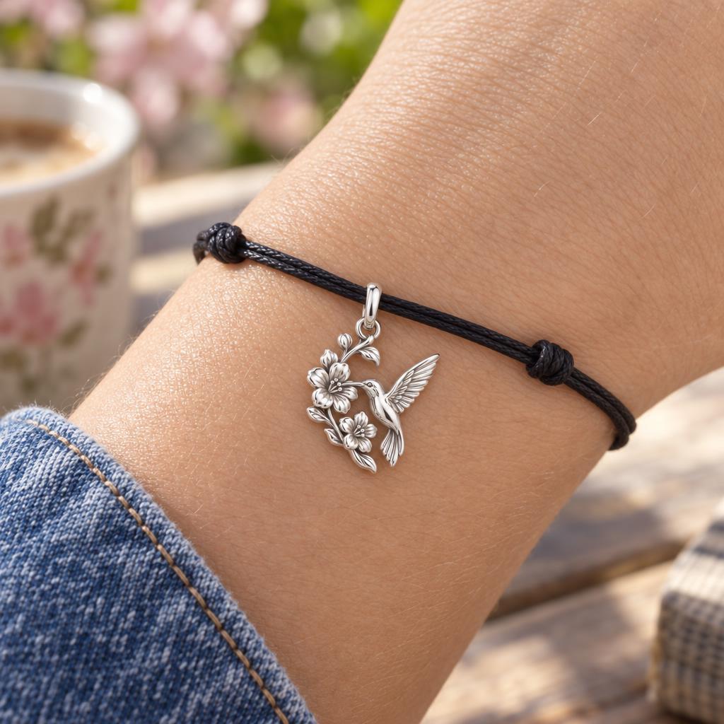 Hummingbird and Cherry Blossom Charm Bracelet – Personalized Mom Gift – worn on the wrist on a black cord bracelet