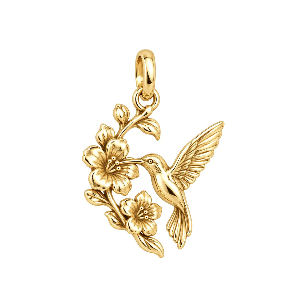 Hummingbird and Cherry Blossom Charm Bracelet – Personalized Mom Gift – 18K gold charm, front view