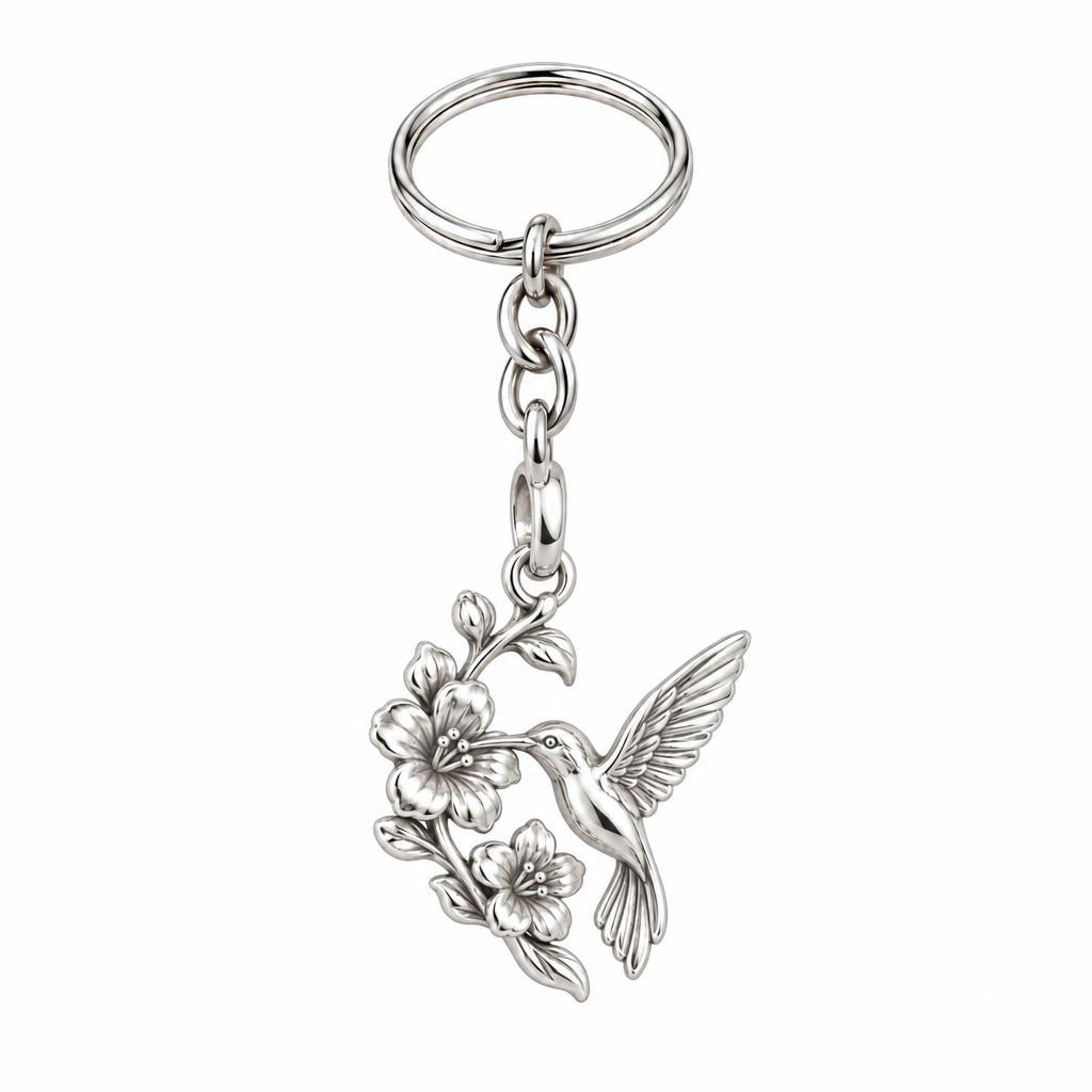 Hummingbird and Cherry Blossom Charm Keychain – silver, front view