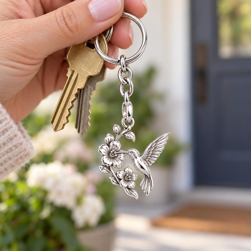 Hummingbird and Cherry Blossom Charm Keychain – worn / in use