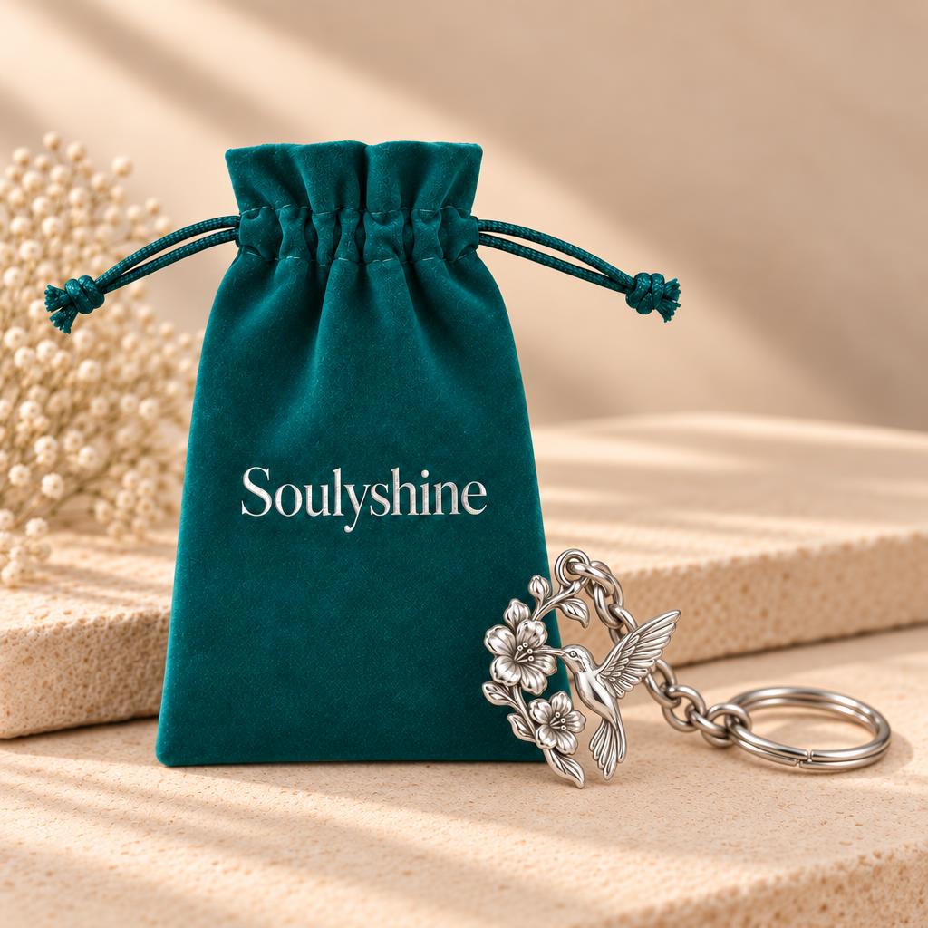 Hummingbird and Cherry Blossom Charm Keychain – Soulyshine velvet gift pouch