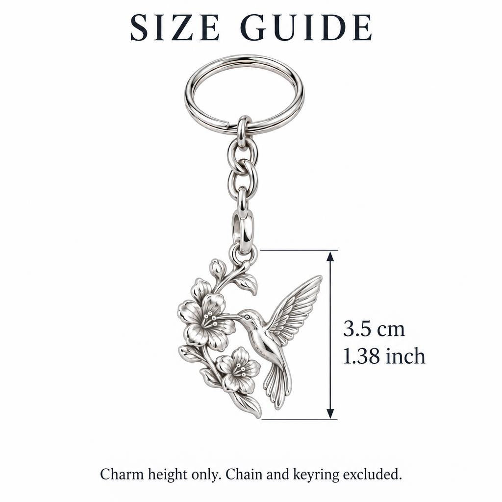 Hummingbird and Cherry Blossom Charm Keychain – size guide, 3.5 cm (1.38 in) charm, chain and keyring excluded
