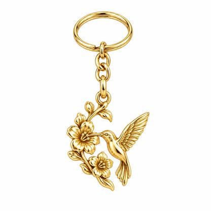 Hummingbird and Cherry Blossom Charm Keychain – 18K gold, front view