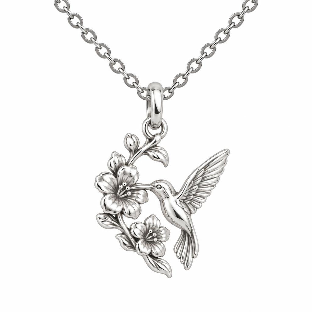Hummingbird and Cherry Blossom Charm Necklace Set – silver, front view