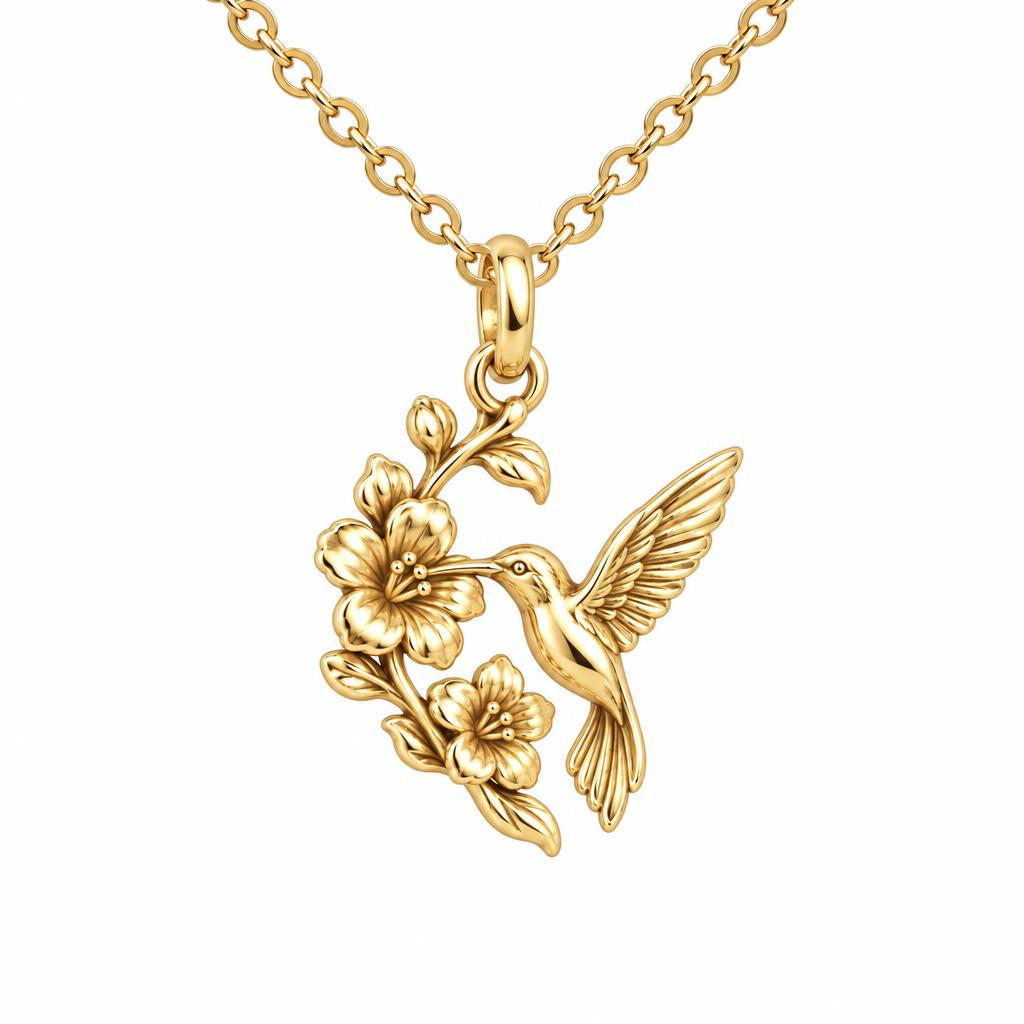 Hummingbird and Cherry Blossom Charm Necklace Set – 18K gold, front view