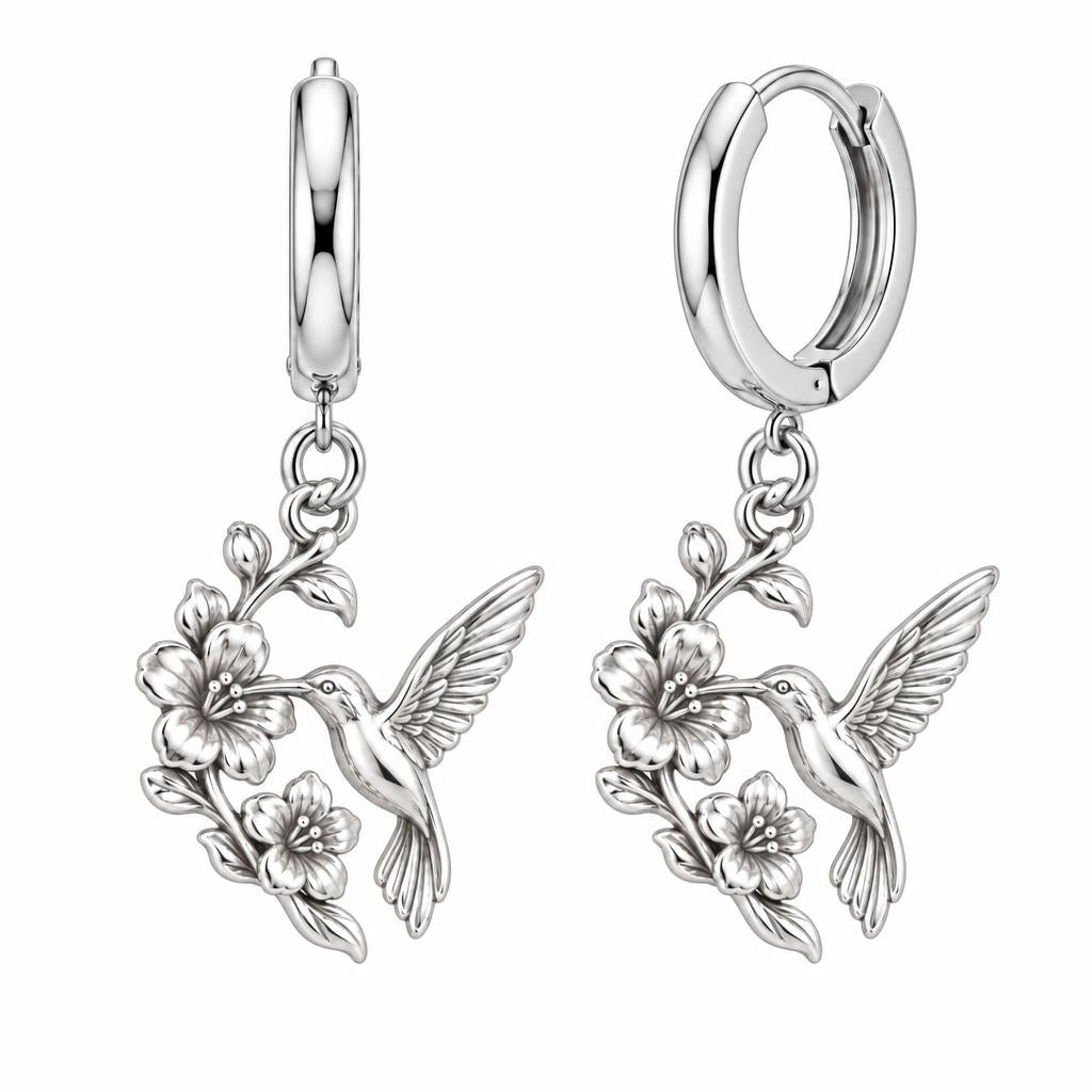 Hummingbird and Cherry Blossom Huggie Charm Earrings – silver, front view
