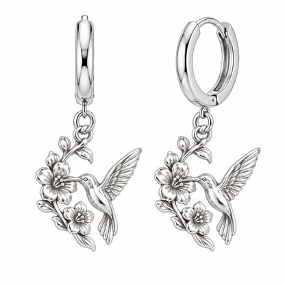 Hummingbird and Cherry Blossom Huggie Charm Earrings – silver, front view