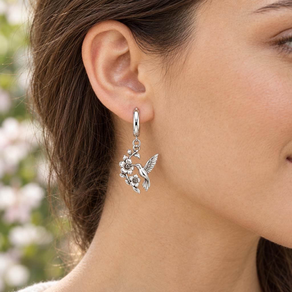Hummingbird and Cherry Blossom Huggie Charm Earrings – worn / in use