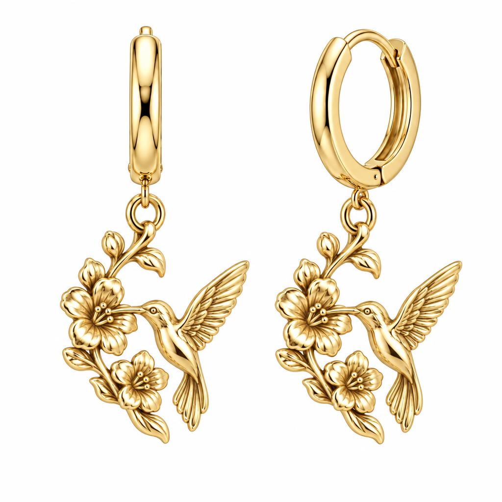 Hummingbird and Cherry Blossom Huggie Charm Earrings – 18K gold, front view