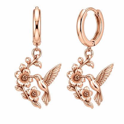 Hummingbird and Cherry Blossom Huggie Charm Earrings – rose gold, front view