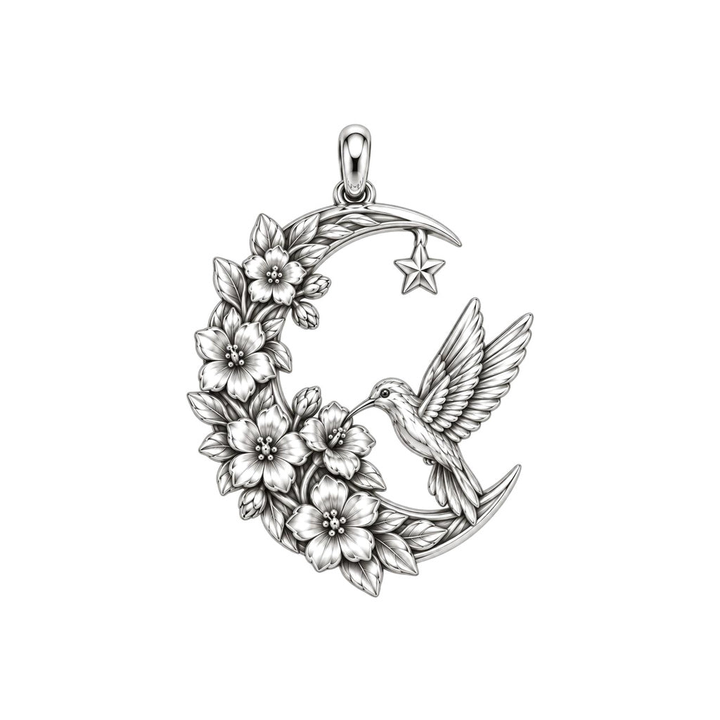 Hummingbird and Moon Blossom Charm Bracelet – Personalized Mom Gift – silver charm, front view