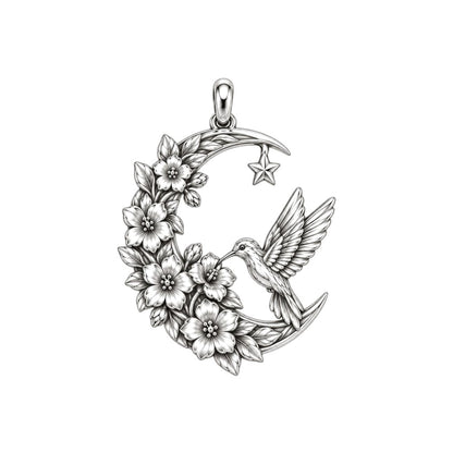 Hummingbird and Moon Blossom Charm Bracelet – Personalized Mom Gift – silver charm, front view
