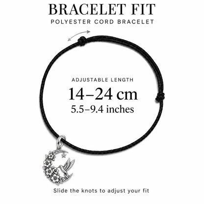 Hummingbird and Moon Blossom Charm Bracelet – Personalized Mom Gift – adjustable black cord bracelet, 14–24 cm