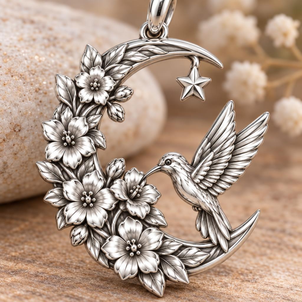 Hummingbird and Moon Blossom Charm Bracelet – Personalized Mom Gift – macro detail of the charm
