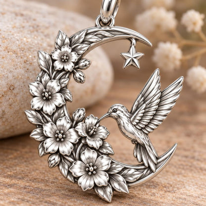 Hummingbird and Moon Blossom Charm Bracelet – Personalized Mom Gift – macro detail of the charm