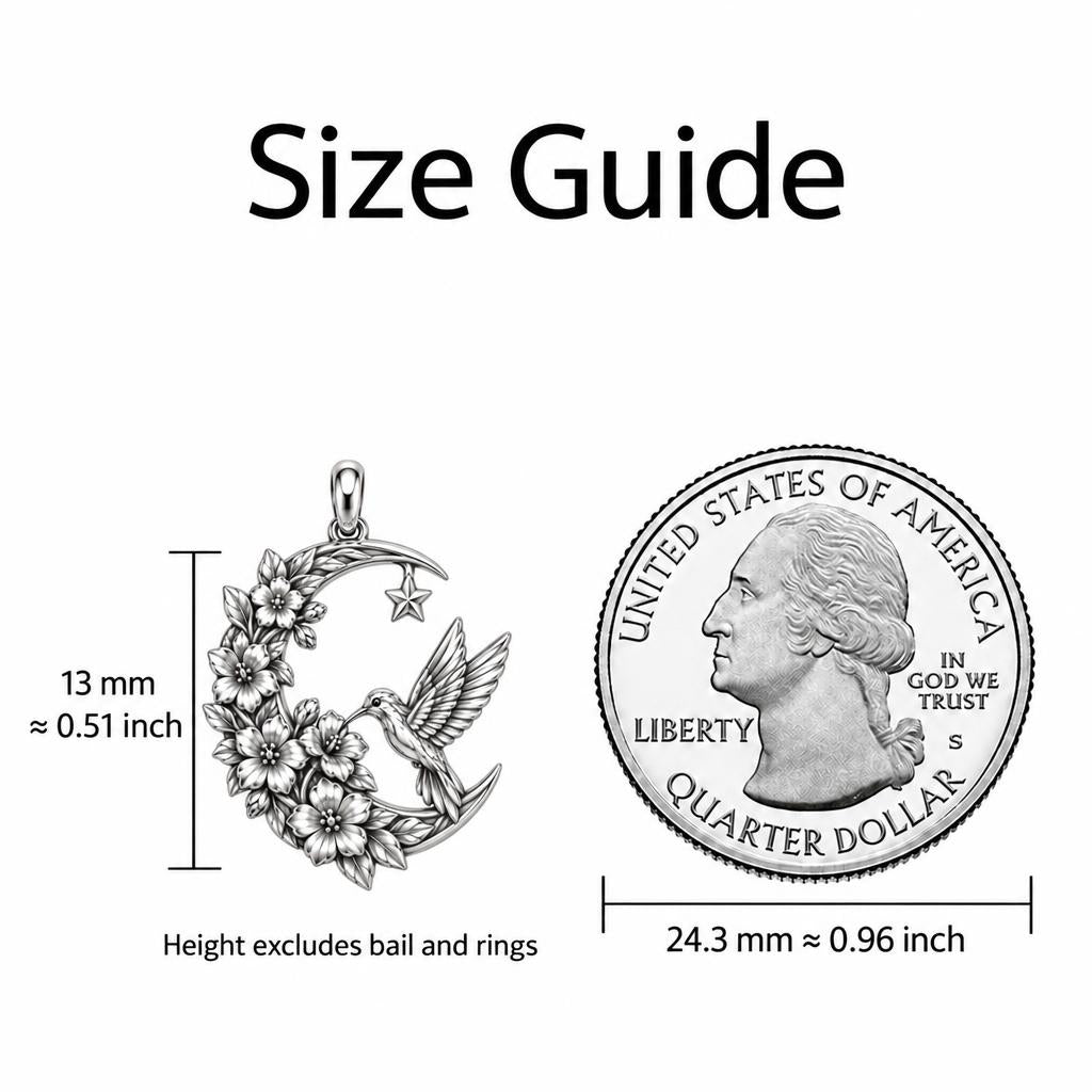 Hummingbird and Moon Blossom Charm Bracelet – Personalized Mom Gift – size guide, 13 mm charm next to a quarter