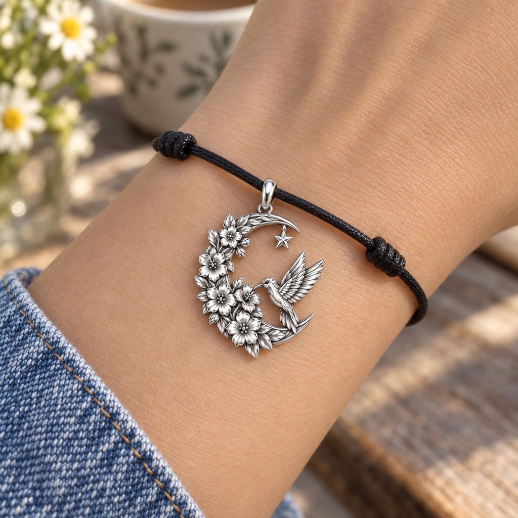 Hummingbird and Moon Blossom Charm Bracelet – Personalized Mom Gift – worn on the wrist on a black cord bracelet