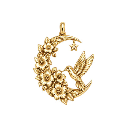 Hummingbird and Moon Blossom Charm Bracelet – Personalized Mom Gift – 18K gold charm, front view