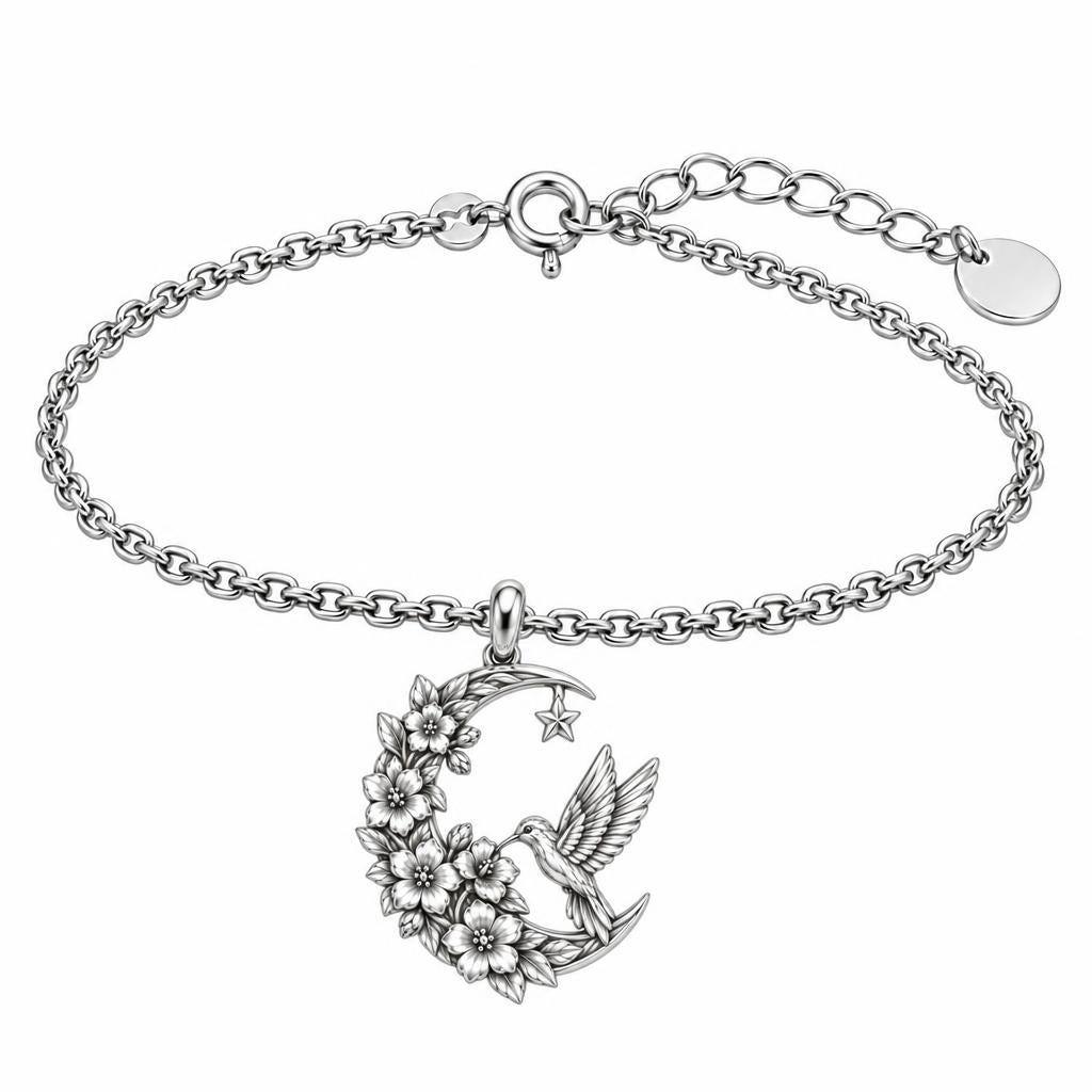Hummingbird and Moon Blossom Charm Bracelet Set – silver, front view