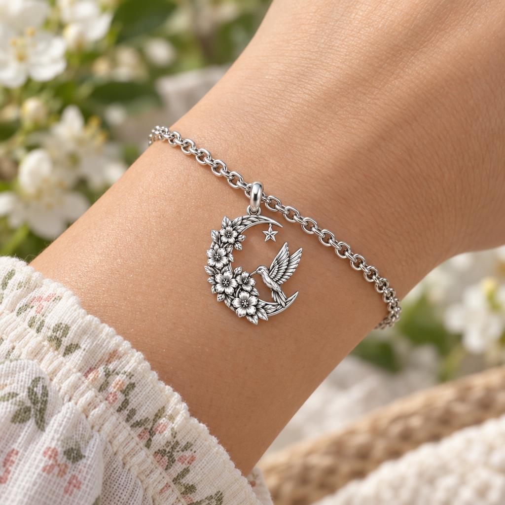 Hummingbird and Moon Blossom Charm Bracelet Set – worn / in use