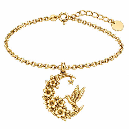 Hummingbird and Moon Blossom Charm Bracelet Set – 18K gold, front view