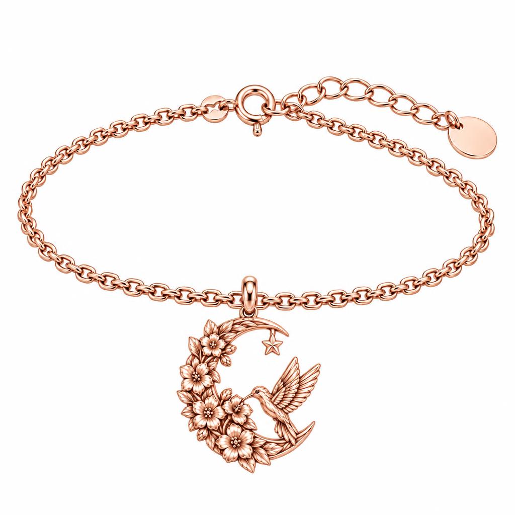 Hummingbird and Moon Blossom Charm Bracelet Set – rose gold, front view