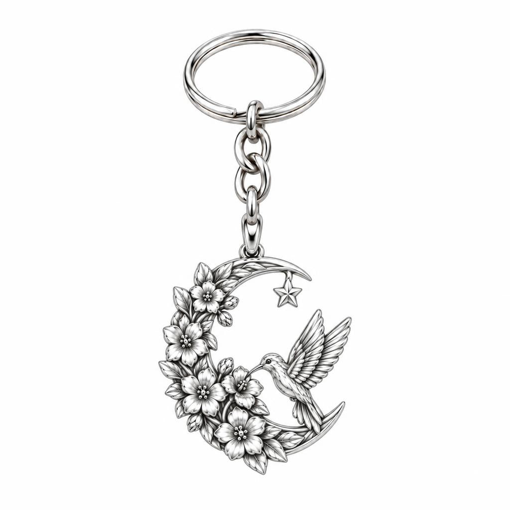 Hummingbird and Moon Blossom Charm Keychain – silver, front view