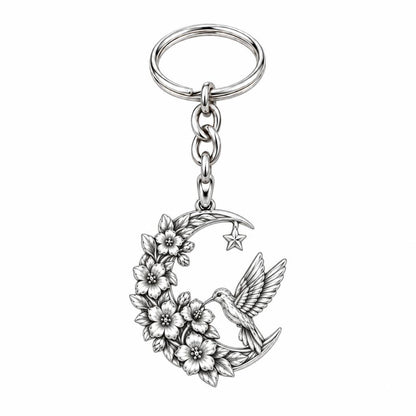 Hummingbird and Moon Blossom Charm Keychain – silver, front view