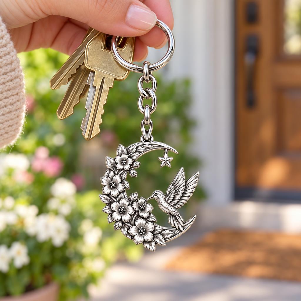 Hummingbird and Moon Blossom Charm Keychain – worn / in use