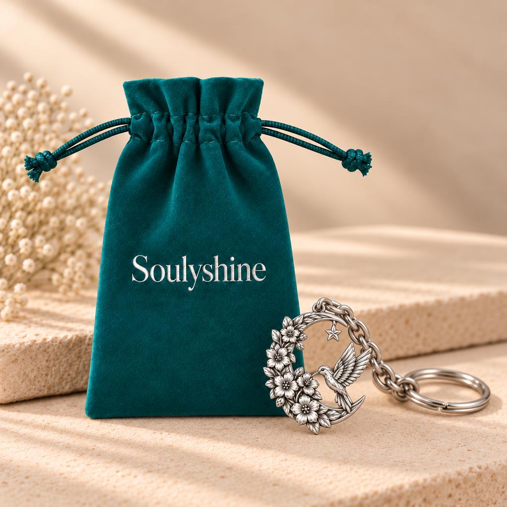 Hummingbird and Moon Blossom Charm Keychain – Soulyshine velvet gift pouch