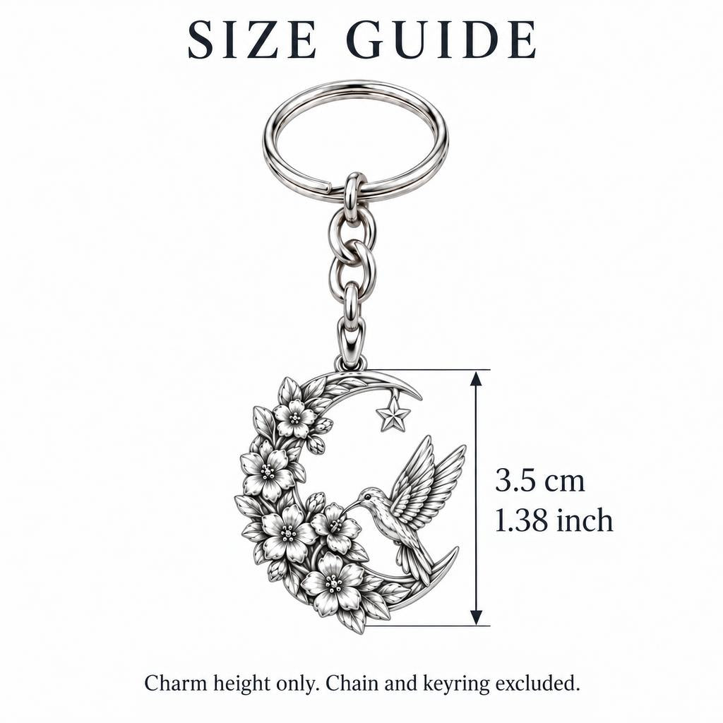 Hummingbird and Moon Blossom Charm Keychain – size guide, 3.5 cm (1.38 in) charm, chain and keyring excluded