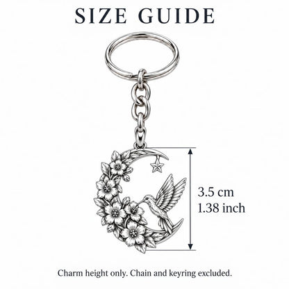 Hummingbird and Moon Blossom Charm Keychain – size guide, 3.5 cm (1.38 in) charm, chain and keyring excluded