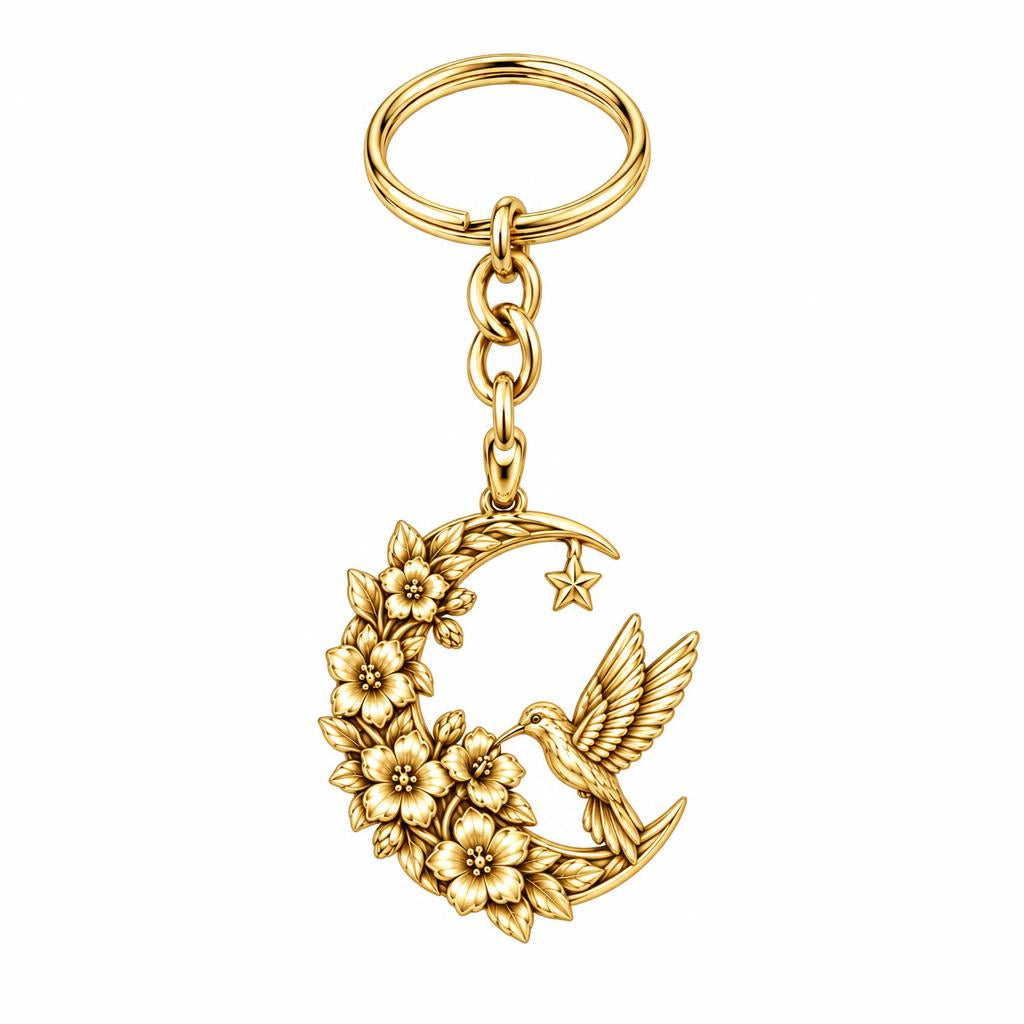 Hummingbird and Moon Blossom Charm Keychain – 18K gold, front view