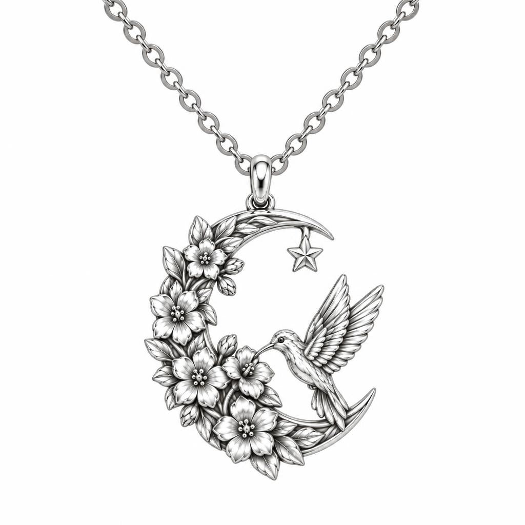 Hummingbird and Moon Blossom Charm Necklace Set – silver, front view