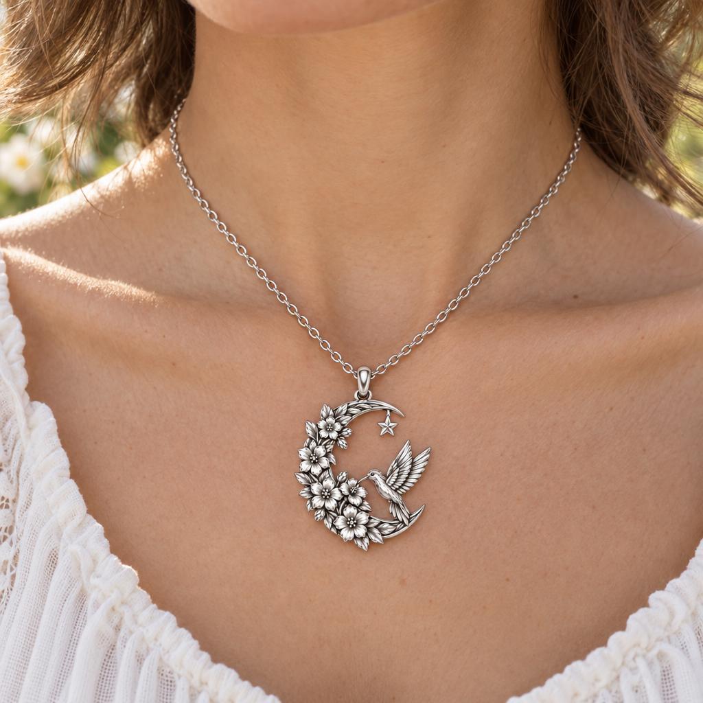 Hummingbird and Moon Blossom Charm Necklace Set – worn / in use