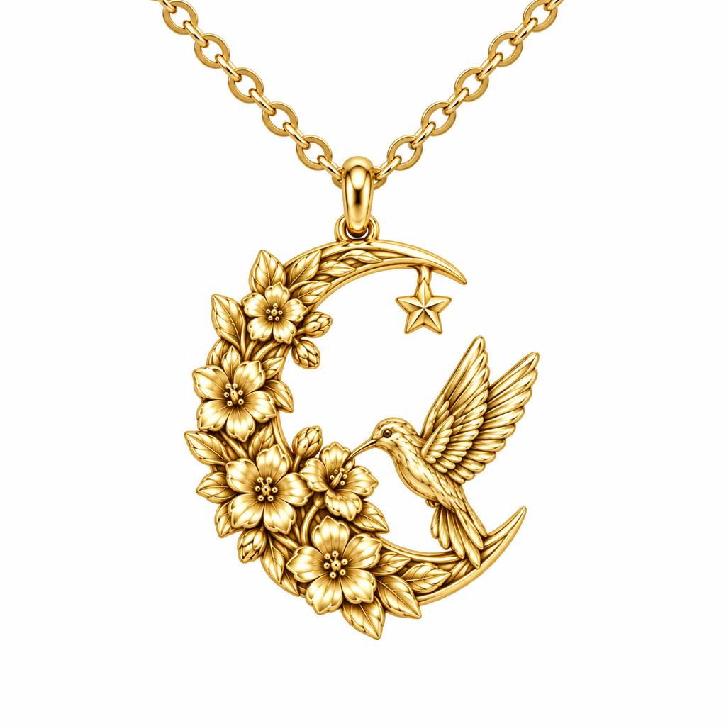 Hummingbird and Moon Blossom Charm Necklace Set – 18K gold, front view