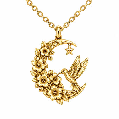 Hummingbird and Moon Blossom Charm Necklace Set – 18K gold, front view