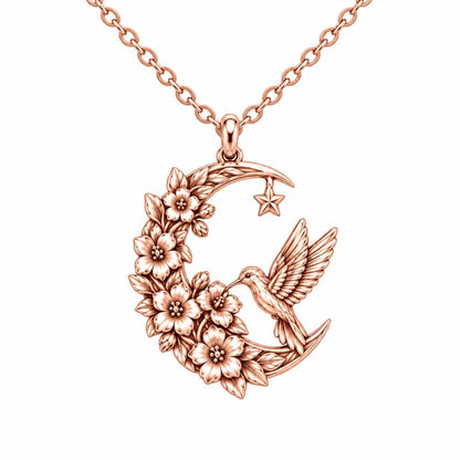 Hummingbird and Moon Blossom Charm Necklace Set – rose gold, front view