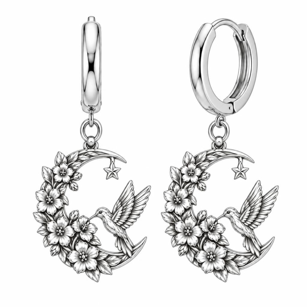 Hummingbird and Moon Blossom Huggie Charm Earrings – silver, front view