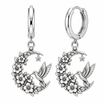 Hummingbird and Moon Blossom Huggie Charm Earrings – silver, front view