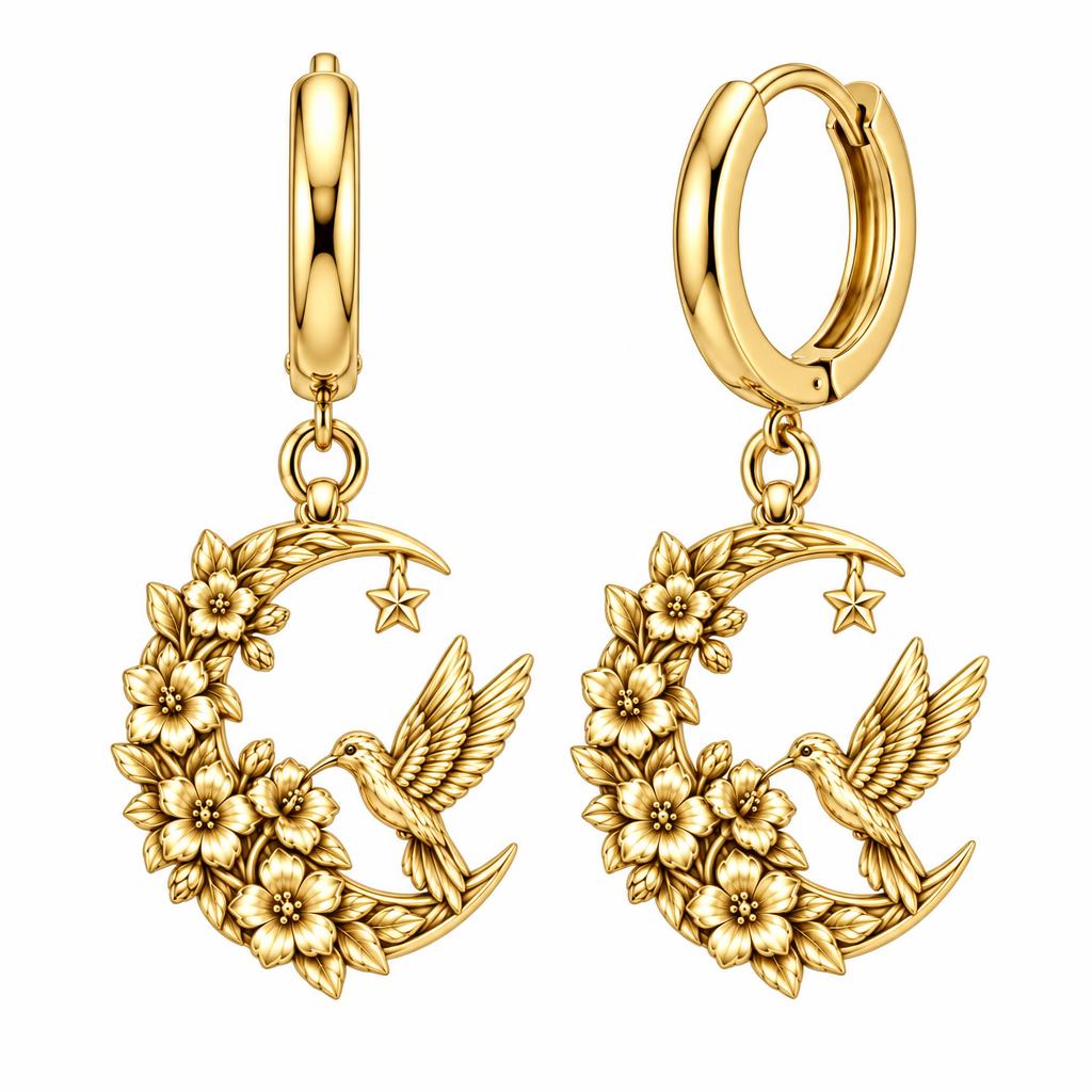 Hummingbird and Moon Blossom Huggie Charm Earrings – 18K gold, front view