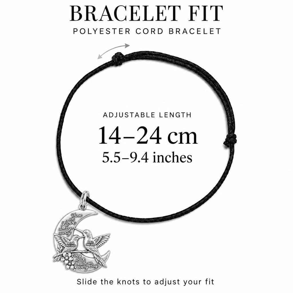 Hummingbird Moon Charm Bracelet – Personalized Memorial Gift – adjustable black cord bracelet, 14–24 cm
