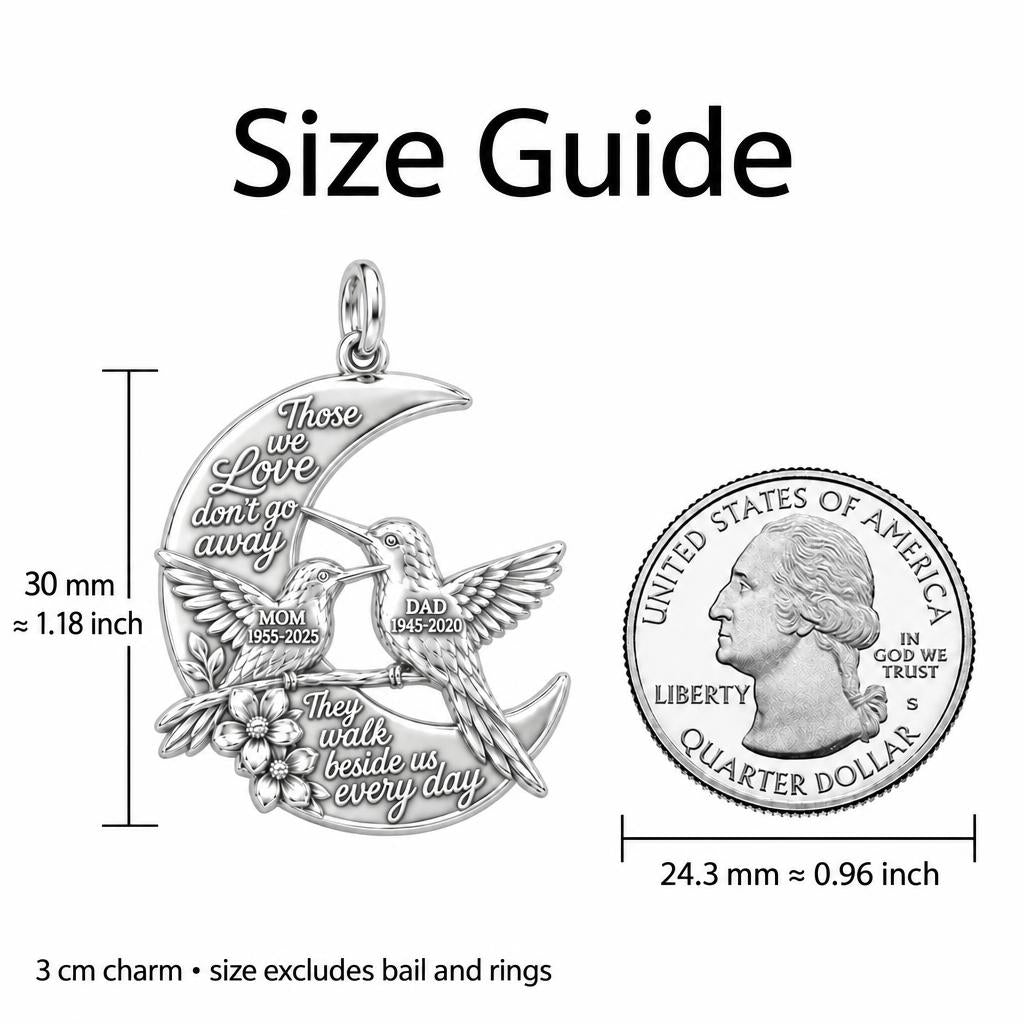 Hummingbird Moon Charm Bracelet – Personalized Memorial Gift – size guide, 3 cm charm next to a quarter