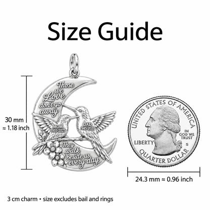 Hummingbird Moon Charm Bracelet – Personalized Memorial Gift – size guide, 3 cm charm next to a quarter
