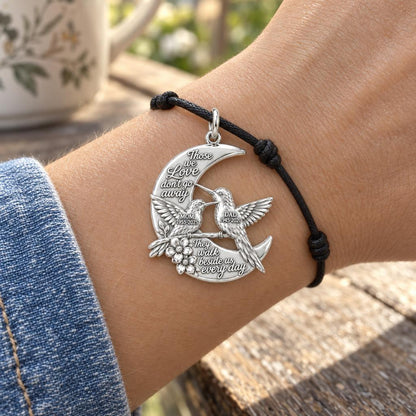 Hummingbird Moon Charm Bracelet – Personalized Memorial Gift – worn on the wrist on a black cord bracelet